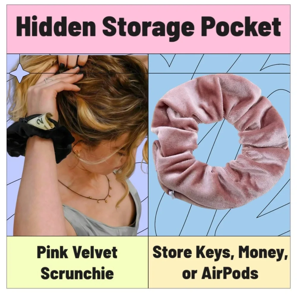 Pocket Scrunchie secret zipper compartment velour hair tie ponytail holder wrist